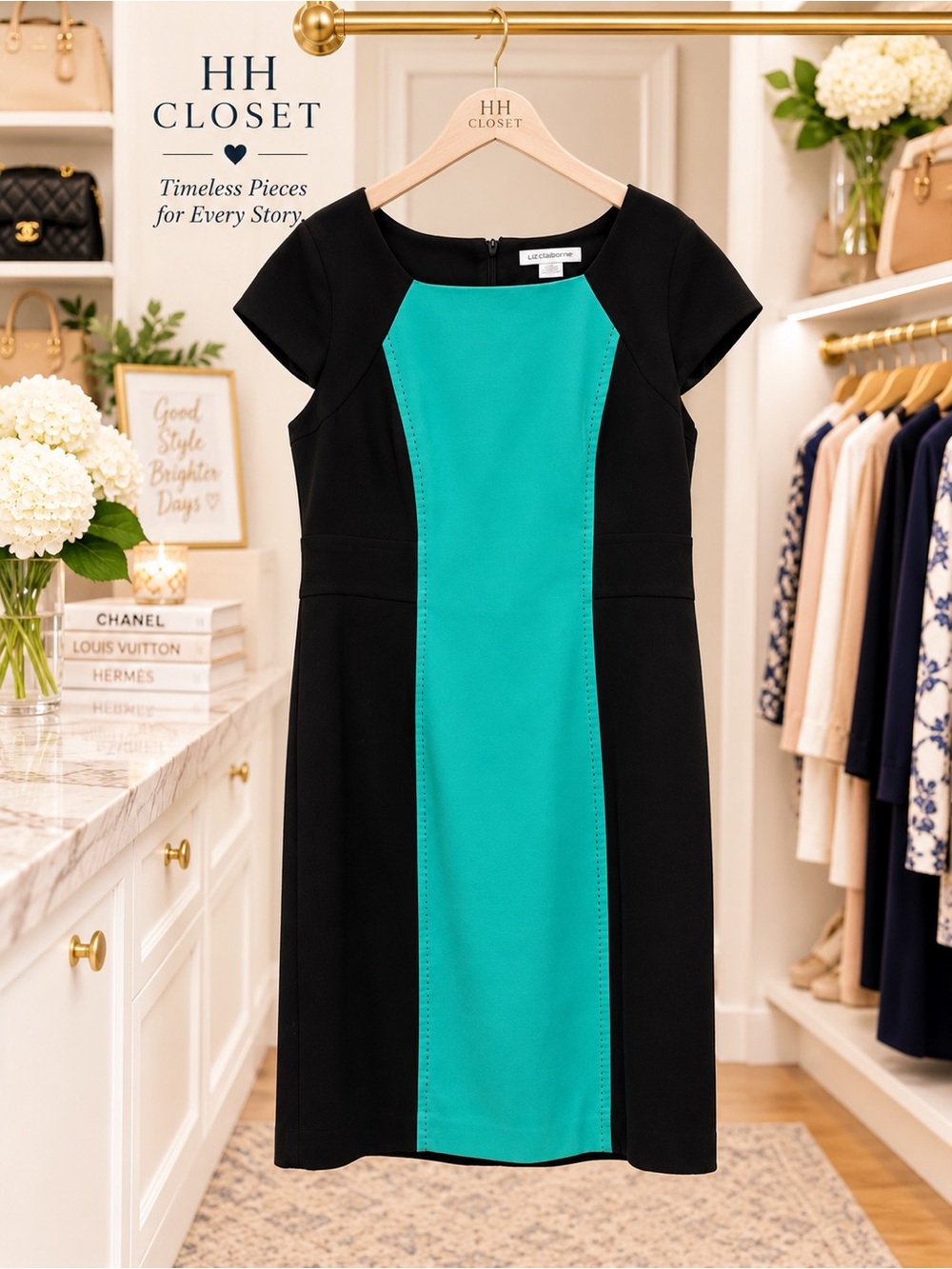 EUC Liz Claiborne Black Teal Colorblock Sheath Dress Size 16 | Career | Office